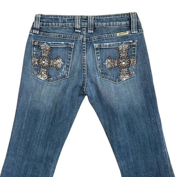Miss Me JP4788G Bootcut Womens Jeans 28 33 Cross Embroidered Studded Blue - Picture 6 of 8